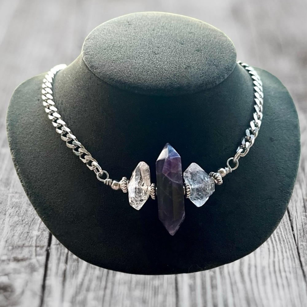 Herkimer diamonds crystals & amethyst gem stainless steel boho necklace